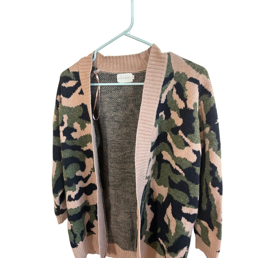 Dreamers‎ Camo Print Open Front Cardigan S/M Pink Green Black Casual Knit - Picture 3 of 4